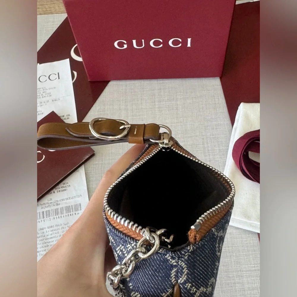 Gucci Blue GG Denim Card Holder with Chain and Wrist Strap